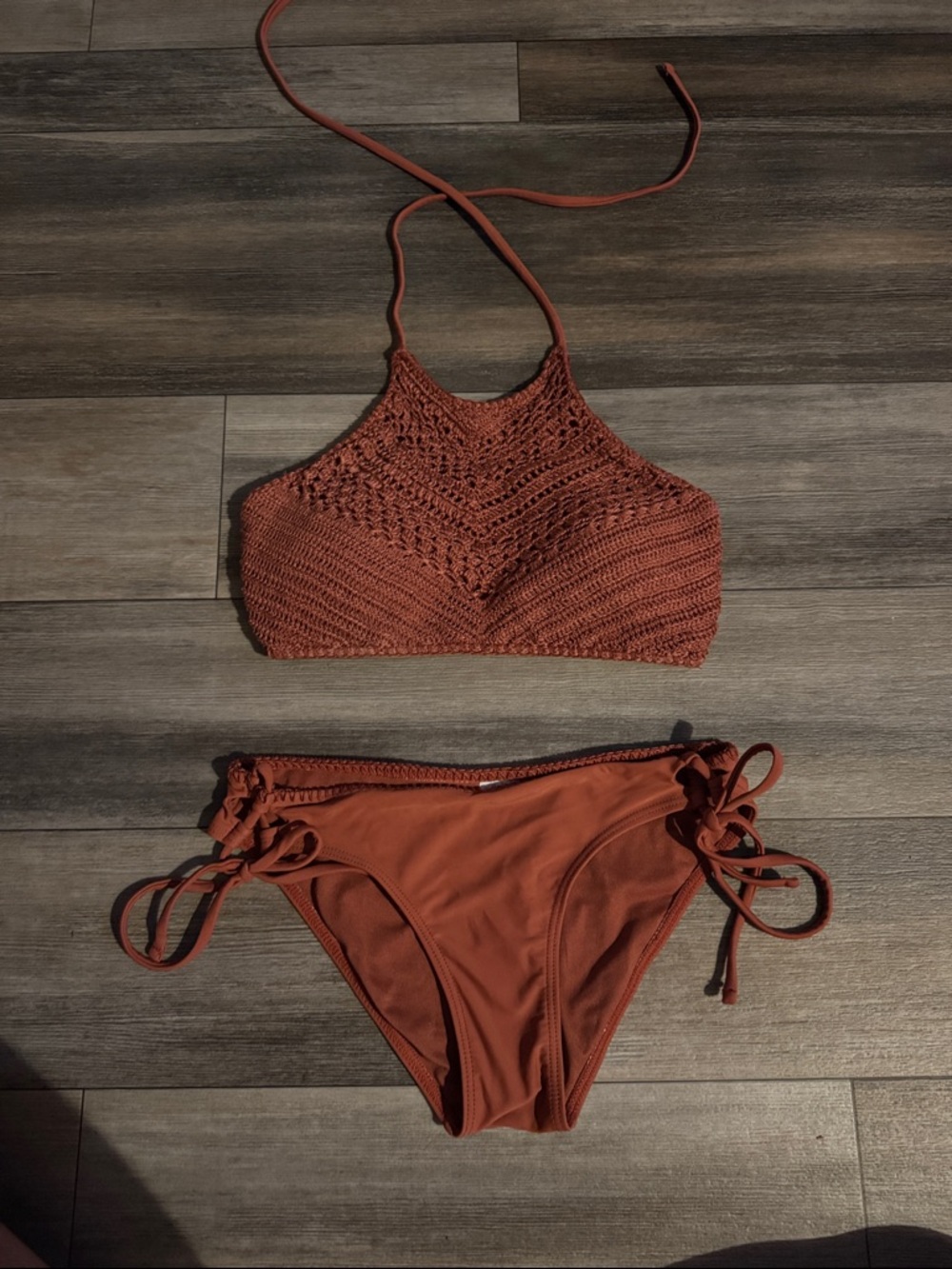High-Neck Crochet Bikini Set in Rust - Women Swim
